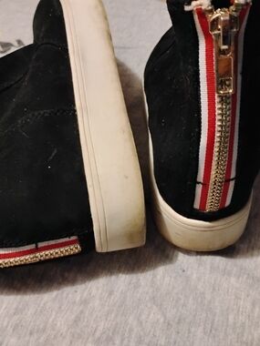 Black Suede High-Top Sneakers with Red-White Stripe and Gold Zip